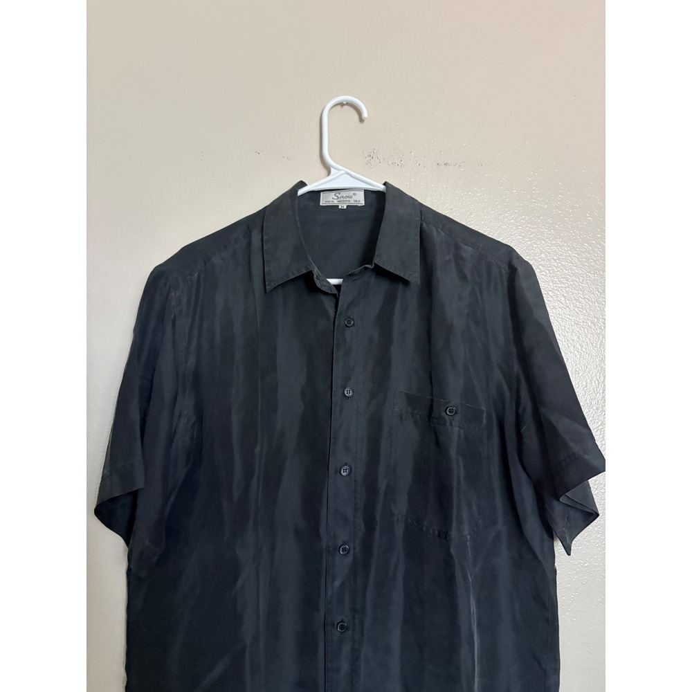 Snow Men's Vintage Black 100% Washed Silk Short Sleeve Button Down Shirt Medium